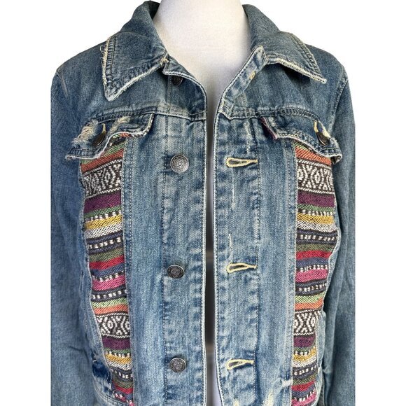 Free People Womens Jean Jacket Size 8 Blue Trucker Distressed Baja Aztec Denim - Picture 2 of 10